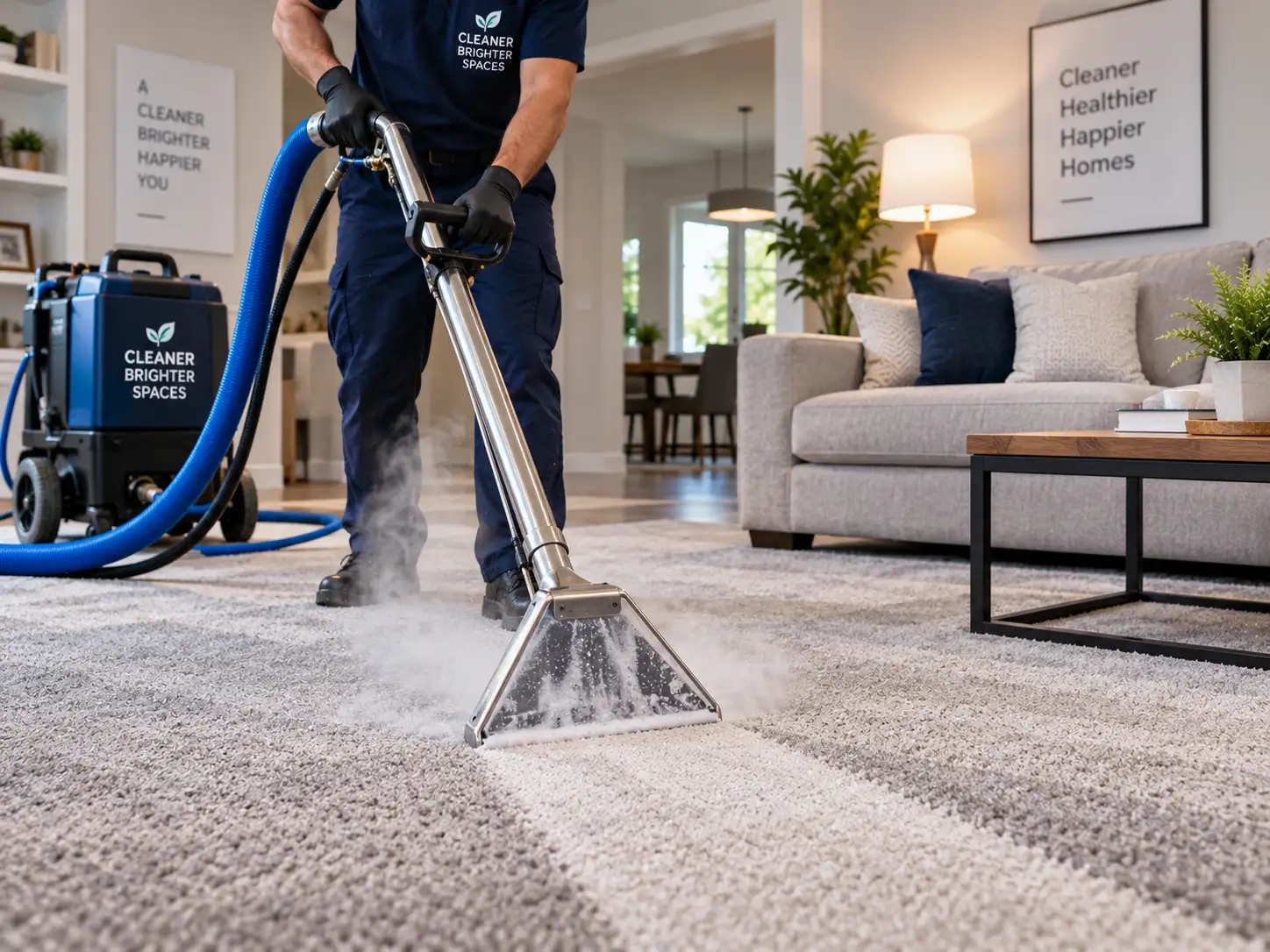 Deepzap technician steam-cleaning a carpet