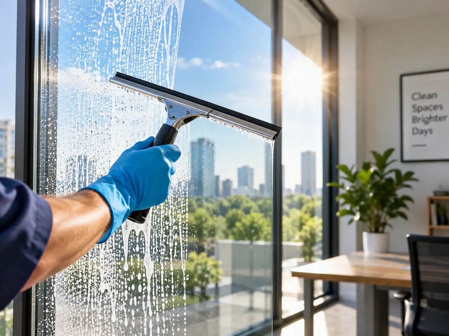 Deepzap technician squeegeeing a glass window streak-free
