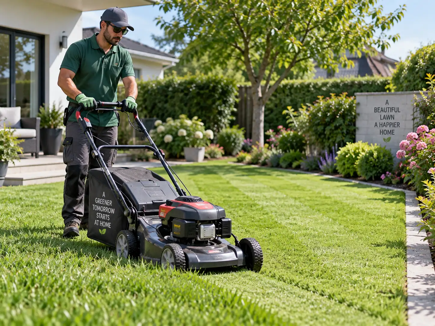 Deepzap technician mowing a garden lawn