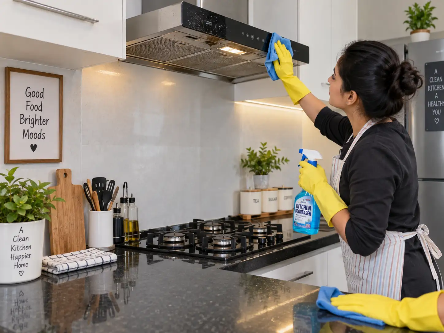 Deepzap technician degreasing a kitchen chimney and hob
