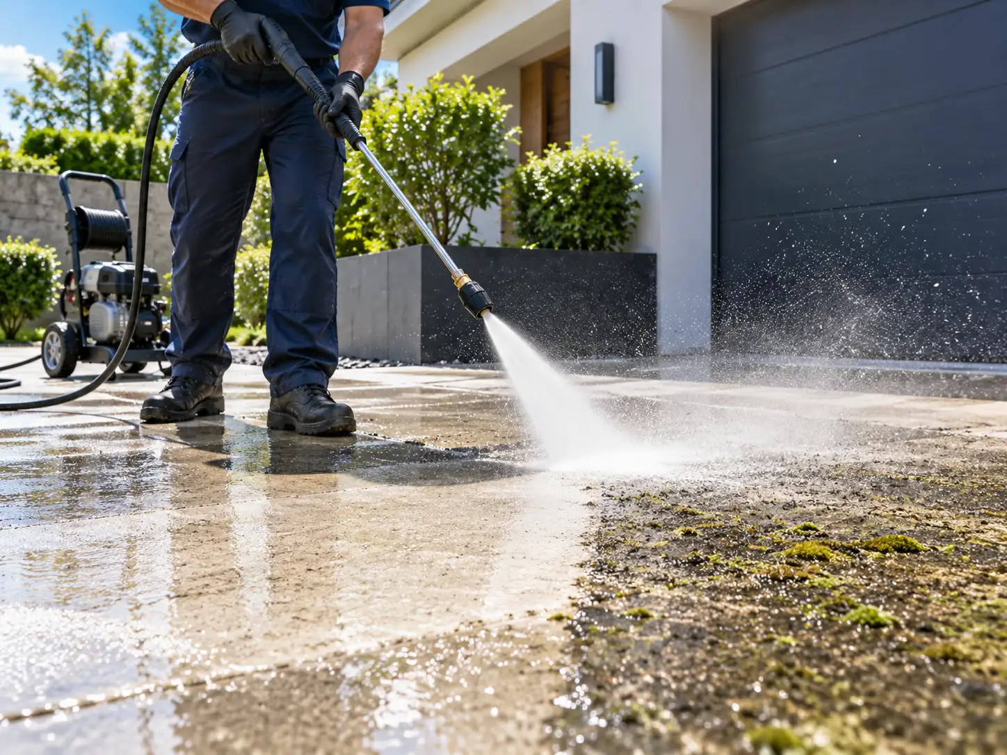 High-pressure washer blasting grime off a driveway