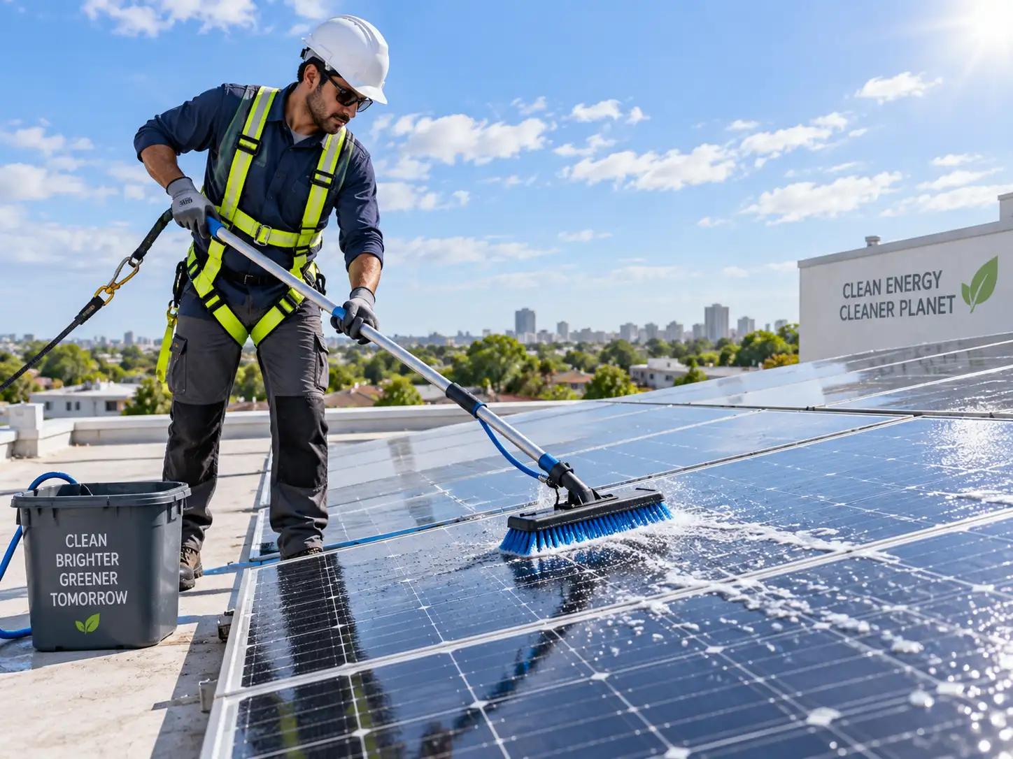 Deepzap technician cleaning a rooftop solar panel