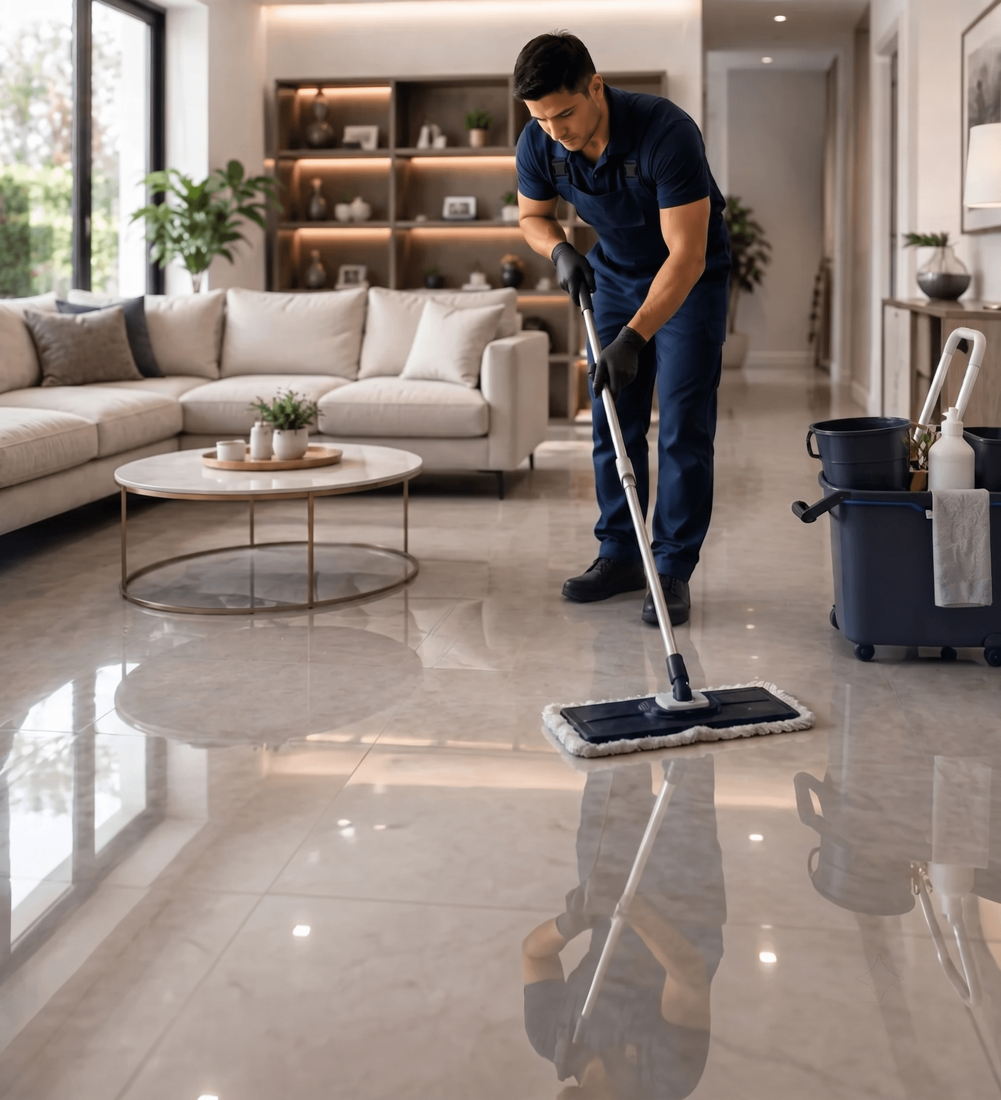 Deepzap crew deep-cleaning a living room floor
