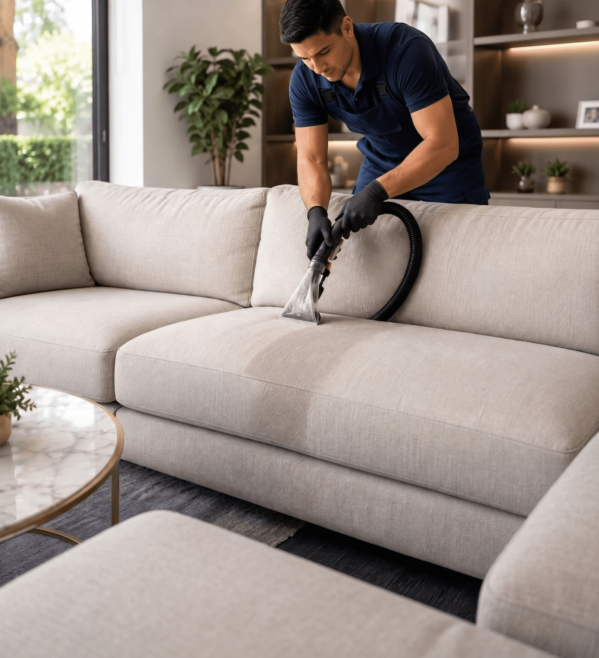 Deepzap technician shampoo-extracting a fabric sofa