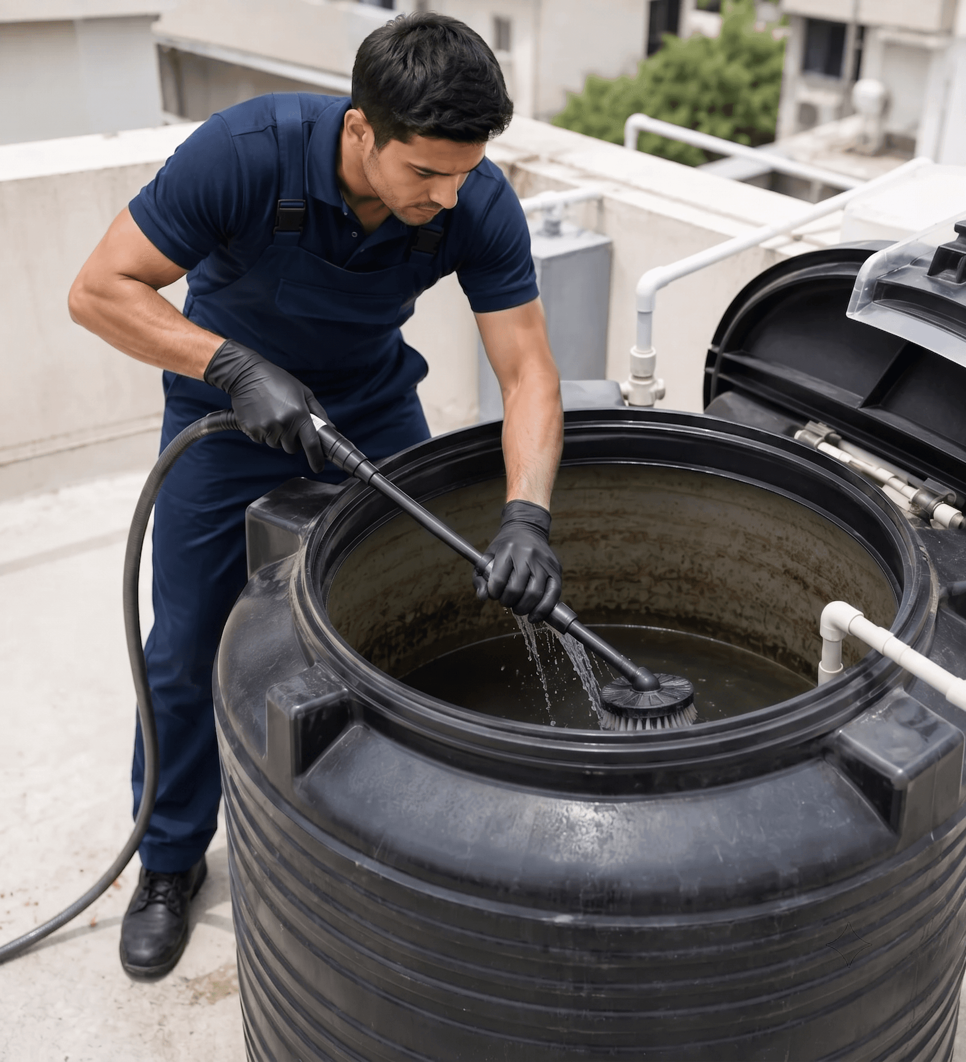 Deepzap technician pressure-washing a water tank